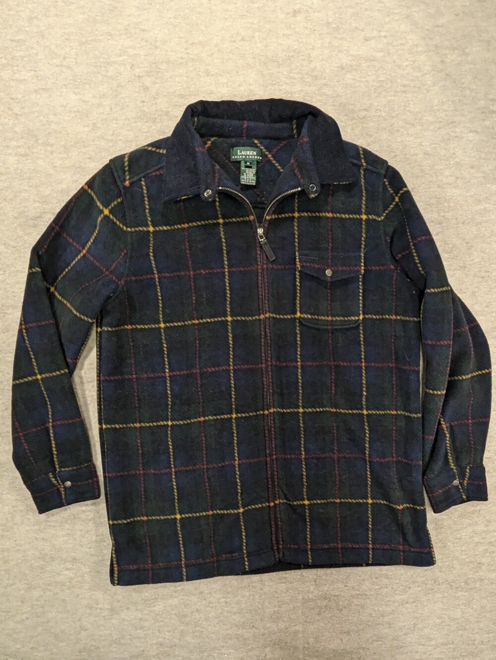 Ralph Lauren Women's Fleece Jacket Corduroy Collar Plaid Blue Green Winter M